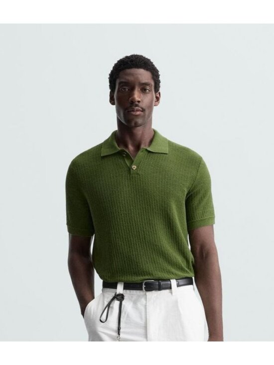 Zara Sweaters - Zara Mens Polo Shirt Size M Green Textured Knit Short Sleeve collar 3166/305 NWT